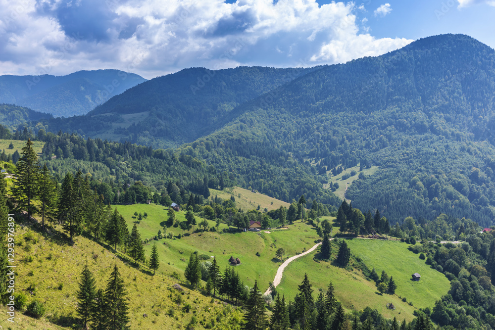 Stunning alpine landscape and green fields, Transylvania, Romania, Europe