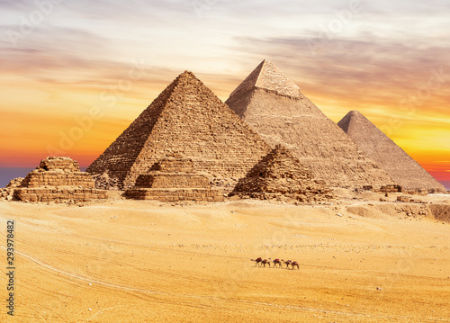 Sunset view on the famous Pyramids of Giza  Cairo  Egypt