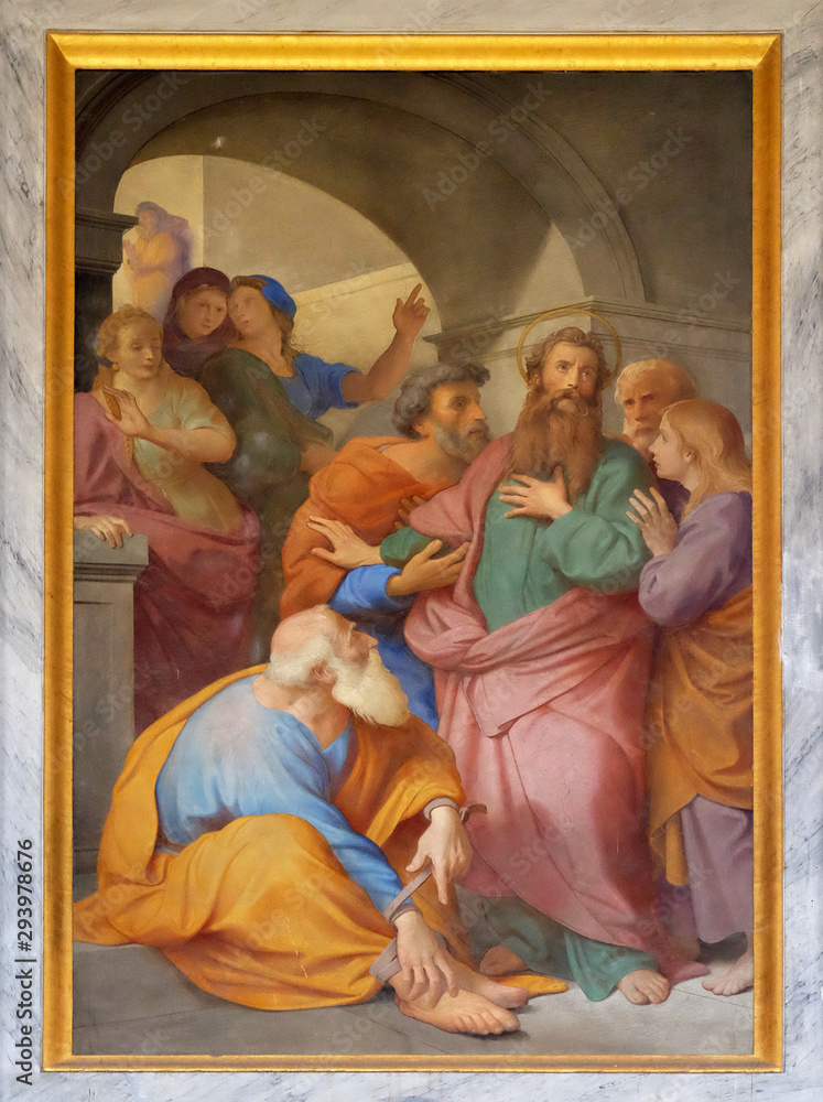 Fresco with the image of the life of St. Paul: Paul is Warned about the Jerusalem Mob, basilica of Saint Paul Outside the Walls, Rome, Italy 