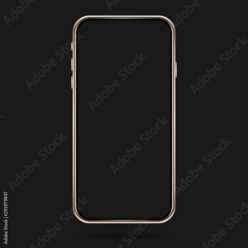 Isolated cell phone mockup. Vector mobile phone frame. User interface design. Golden phone mockup on the dark background.