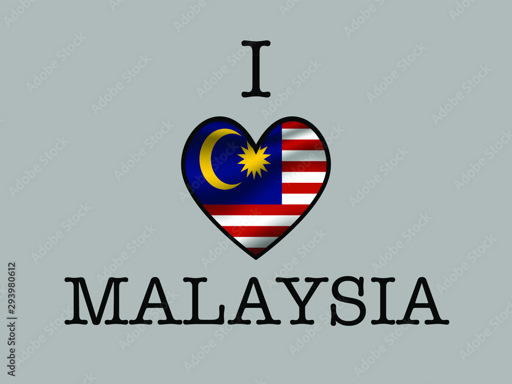 Fototapeta premium Malaysia National flag inside Big heart and meaning i LOVE. Original color and proportion. vector illustration, set. Isolated on gray background
