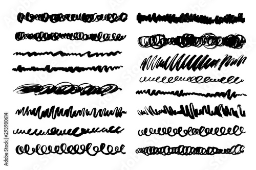 Set of black grunge artistic lines. Curly, chaotic, messy strokes.