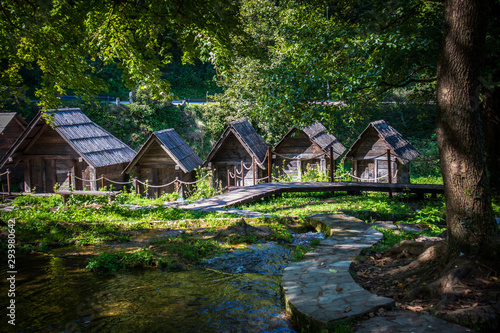 Old small wooden water mills called Mlincici by the Pliva lakes near the Jajce town in Bosnia and Herzegovina