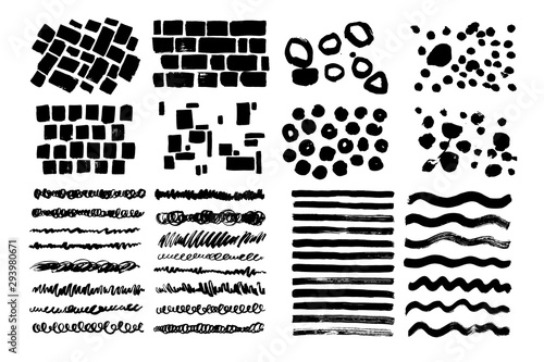 Set of black grunge artistic lines. Curly, chaotic, messy strokes. Hand drawn bricks, dots, patterns.