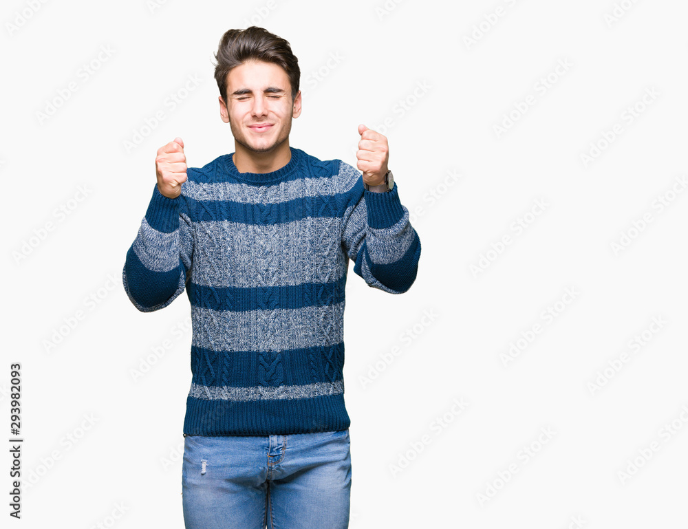 Naklejka premium Young handsome man over isolated background excited for success with arms raised celebrating victory smiling. Winner concept.