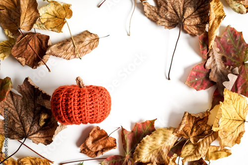 Autumn composition. Colorful leaves and pumpkin ornament on white background with copy space