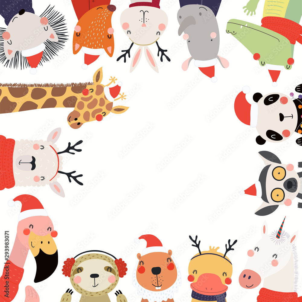 Christmas, New Year frame with cute cartoon animals in Santa Claus hats, place for text. Hand drawn vector illustration. Scandinavian style flat design. Concept for kids print, invite, card, banner. Christmas, New Year frame with cute cartoon animals in Santa Claus hats, place for text. Hand drawn vector illustration. Scandinavian style flat design. Concept for kids print, invite, card, banner.