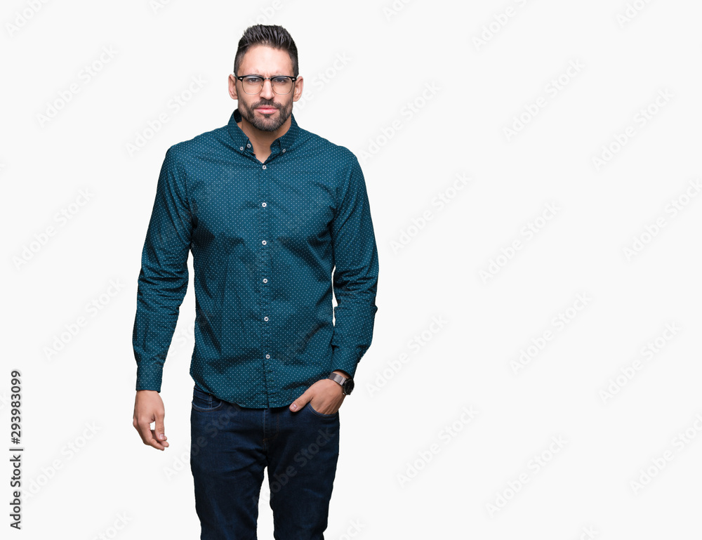 Young handsome business man wearing glasses over isolated background skeptic and nervous, frowning upset because of problem. Negative person. Young handsome business man wearing glasses over isolated background skeptic and nervous, frowning upset because of problem. Negative person.