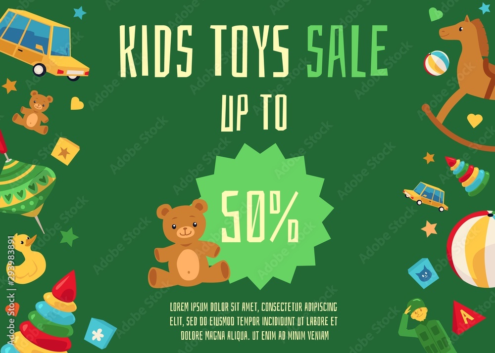 Kids toys sale flyer template with toys icons, flat cartoon vector illustration.