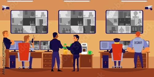 Cartoon people in security room talking and looking at surveillance camera monitor