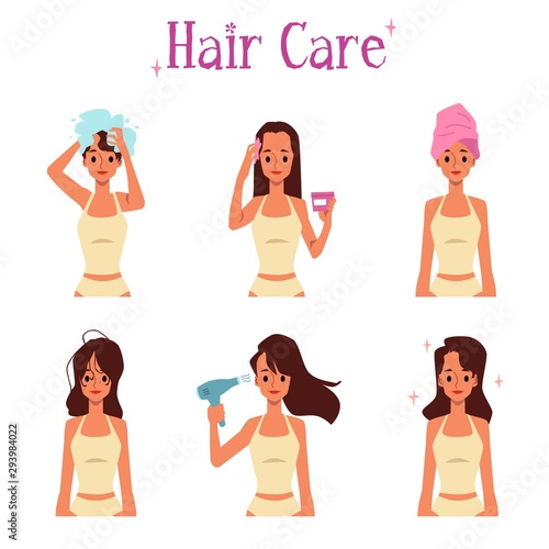 Cartoon woman hair care routine set - applying shampoo, conditioner and drying