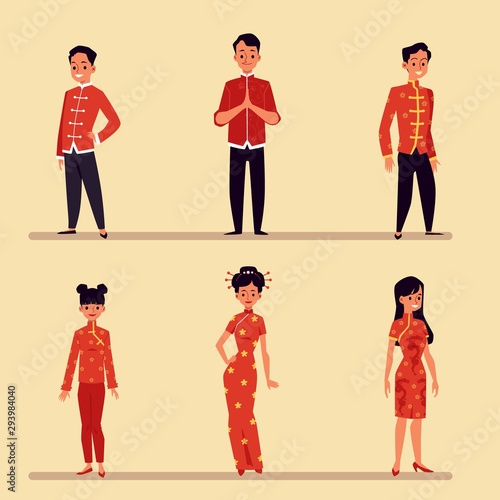 Chinese people in traditional red costume - cartoon isolated set