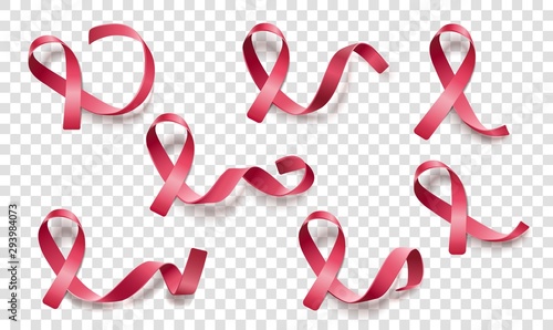 Set of pink curly ribbons and loops realistic style