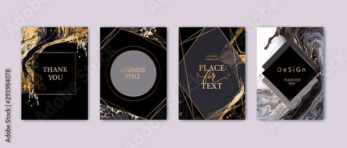 Modern card design. Hand drawn splatters. Marble texture. Gold, white, black colors brochure, flyer, invitation template. Business identity style. Geometric shape. Vector.
