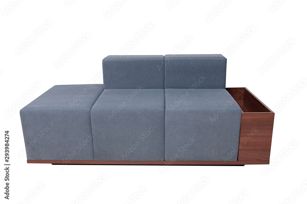 gray modern fabric sofa with wooden box isolated on white background. Front view gray modern fabric sofa with wooden box isolated on white background. Front view