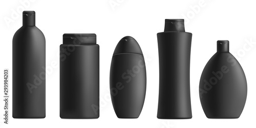 Shampoo or soap black bottles set of mockups 3d vector illustration isolated.