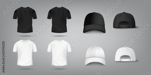 Photo T shirt and baseball cap mockup set in black and white color