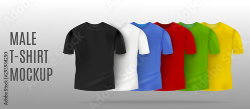 Realistic colorful male t-shirt mockup set with blank space
