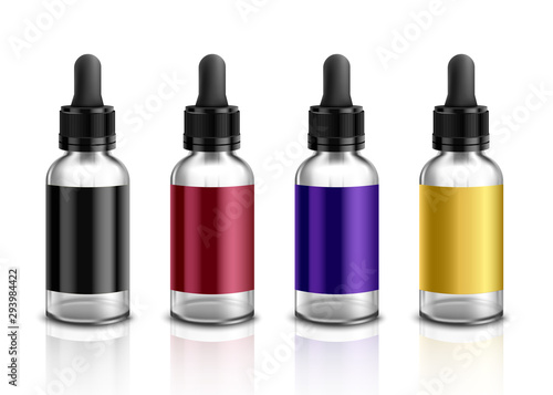 Glass dropper bottle mockup set with colorful blank label templates