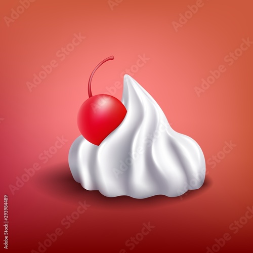 White whipped cream piece with red cherry - sweet dessert topping