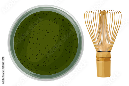 Matcha Tea. A Cup of green tea and a whisk for cooking. Traditional Japanese tea ceremony.