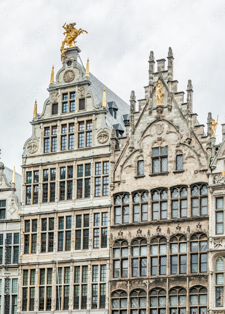 Building facades, Gildehäuser (guild houses), on the South side of the Grote Markt, Antwerp, Belgium 2019.
