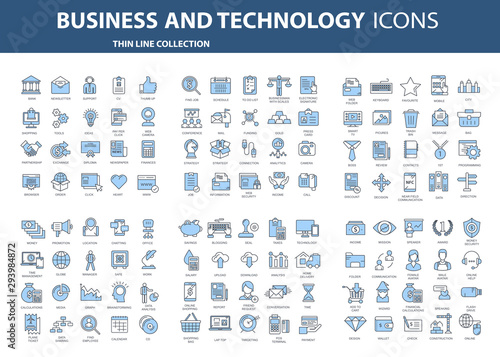 Set vector icons with elements for mobile concepts and web apps. Business and marketing, programming, data management, internet connection, social network, computing, information. Vector