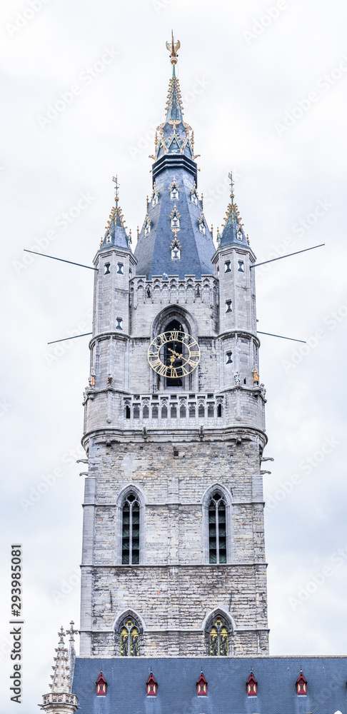 One of three medieval towers that overlook the old city centre of Ghent - Belfry of Ghent, Belgium, July, 2019.