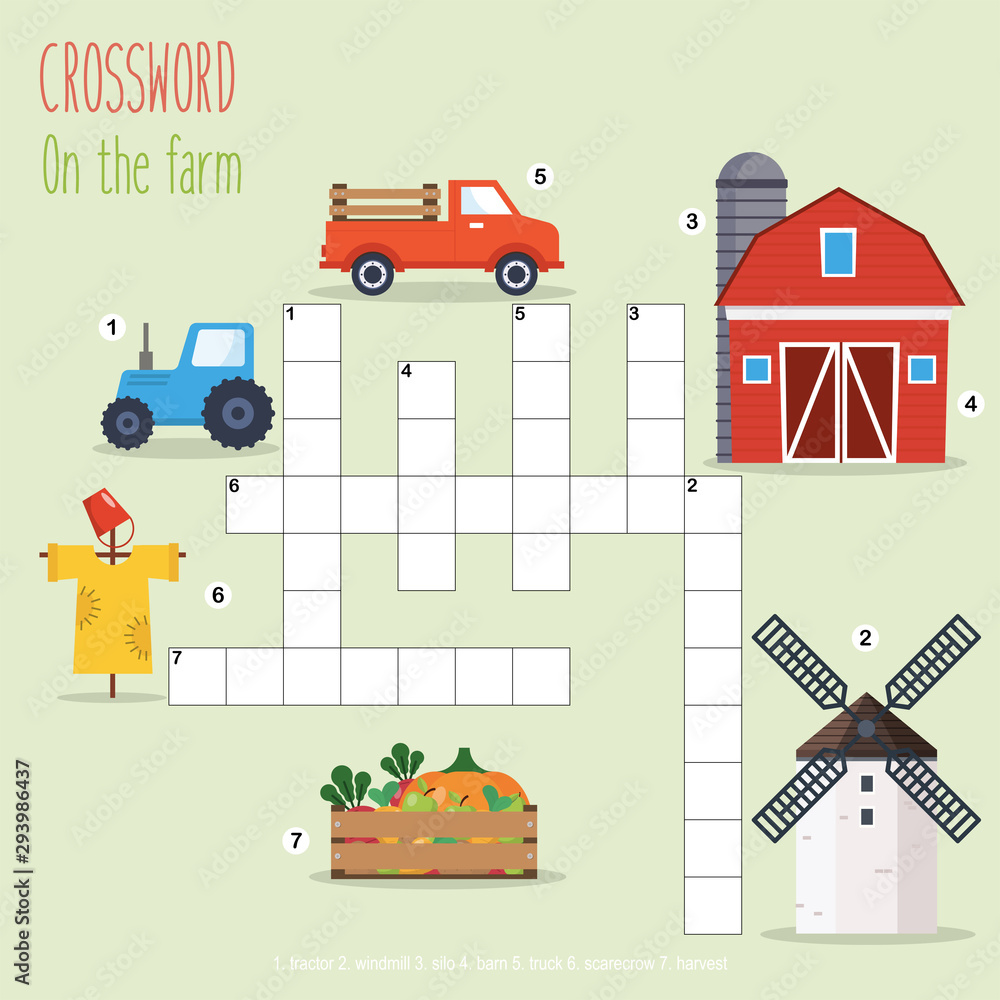 Easy crossword puzzle 'On the farm', for children in elementary and middle school. Fun way to practice language comprehension and expand vocabulary. Includes answers. Vector illustration.