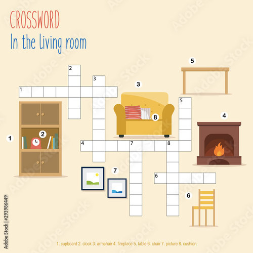 Easy crossword puzzle 'In the livingroom', for children in elementary and middle school. Fun way to practice language comprehension and expand vocabulary. Includes answers. Vector illustration.