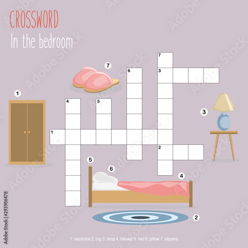 Easy crossword puzzle 'In the bedroom', for children in elementary and middle school. Fun way to practice language comprehension and expand vocabulary. Includes answers. Vector illustration.