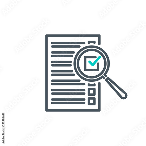 check box list page with magnifier glass outline flat icon. Single quality outline logo search symbol for web design mobile app. Thin line design logo sign Loupe lens icon isolated on white background