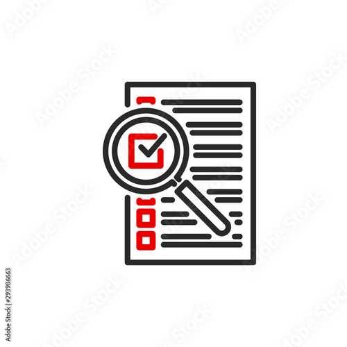 check box list page with magnifier glass outline flat icon. Single quality outline logo search symbol for web design mobile app. Thin line design logo sign Loupe lens icon isolated on white background