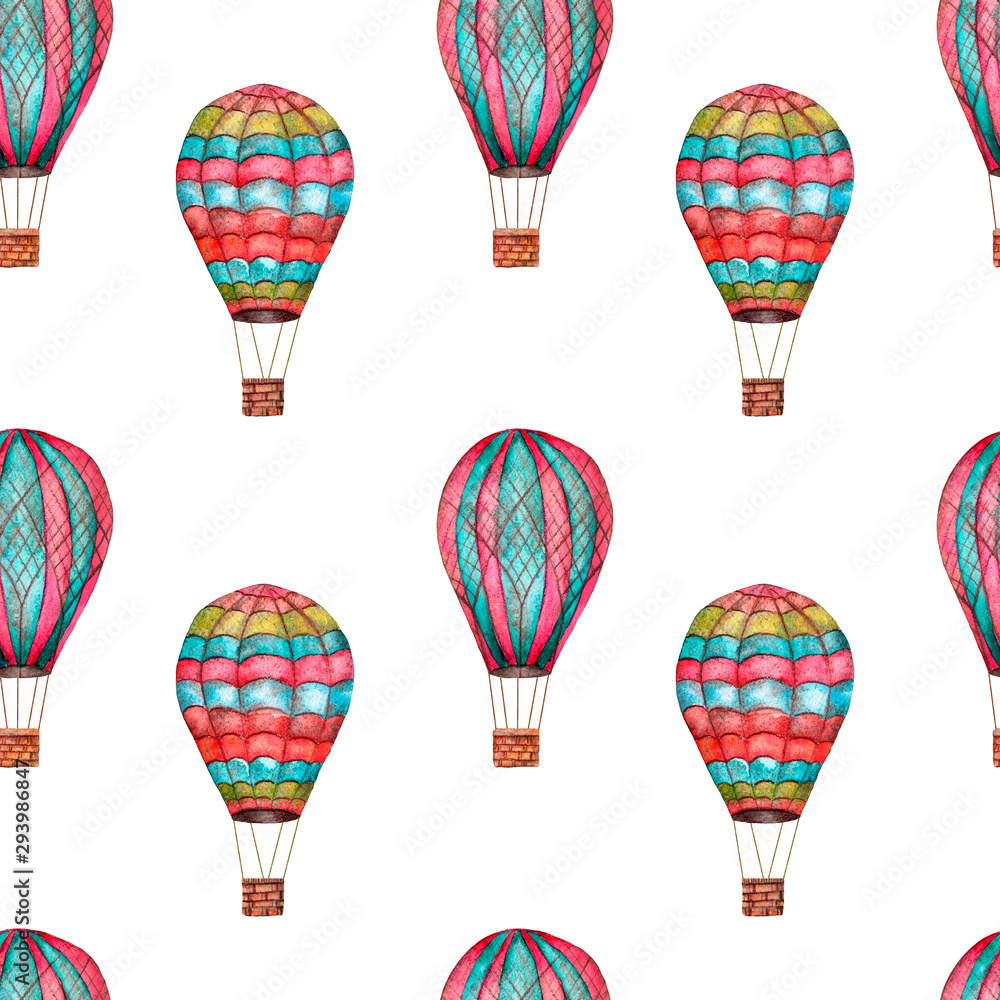 Fototapeta premium Multicolored balloons watercolor seamless pattern on a white