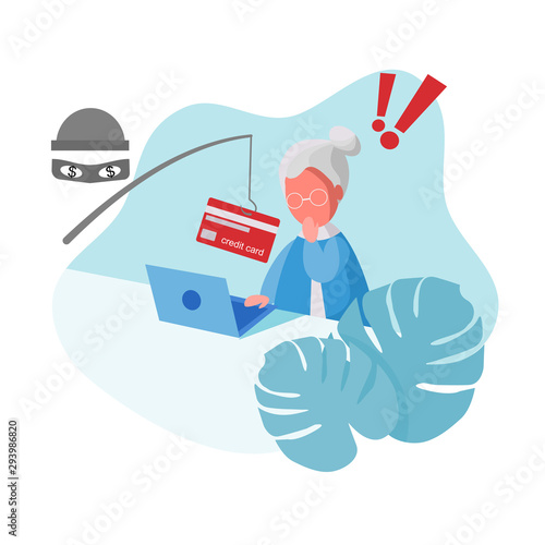 Cyber Thief (Hacker) use Fishing Rod Phishing Credit Card on Computer Laptop from Senior Woman. Scam, Fraud, Phishing Concept. Cartoon Flat Vector Illustration.