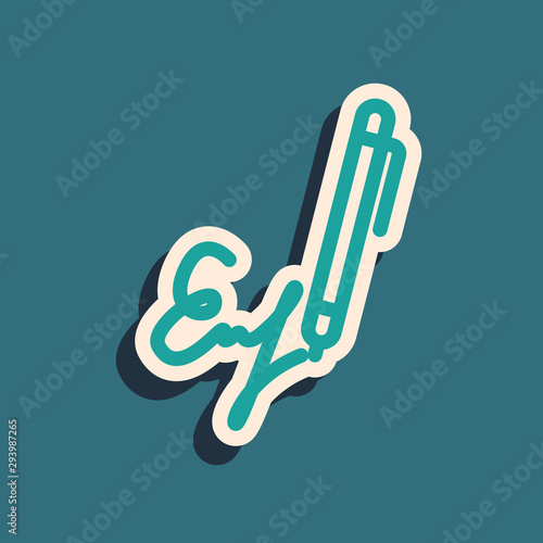 Green Signature line icon isolated on blue background. Pen and undersign, underwrite, ratify symbol. Long shadow style. Vector Illustration