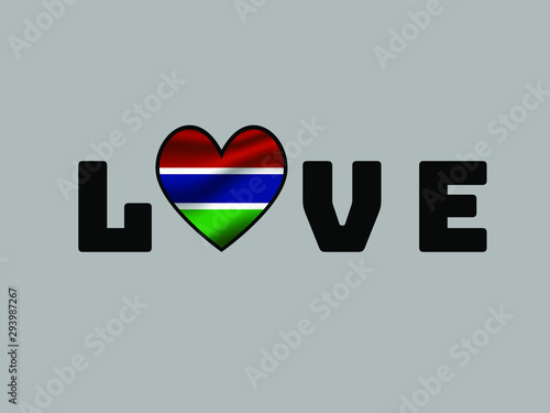 Gambia National flag inside Big heart and lettering LOVE. Original color and proportion. vector illustration, world countries from set. Isolated on white background