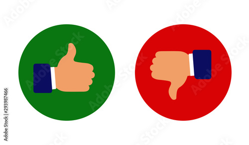 Flat design of like and dislike symbols. Thumbs up and thumbs down gestures. Vector illustration. Isolated