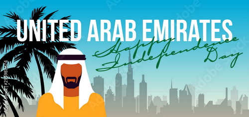 illustration banner with Arab character holding an UAE flag in his hand against the background of the silhouette of the city of Abu Dhabi. National day Spirit of the union United Arab Emirates design