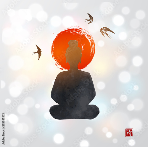 Silhouette of Buddha, big red sun and flying swallows. Traditional oriental ink painting sumi-e, u-sin, go-hua. Hieroglyph - clarity.