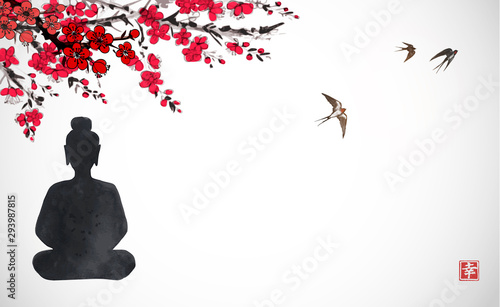 Silhouette of Buddha sitting under the sakura blossom and birds flying in the sky. Traditional oriental ink painting sumi-e, u-sin, go-hua. Hieroglyph - happiiness