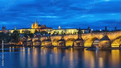 View of Prague Castle and Charles Bridge at sunset. Czechia
