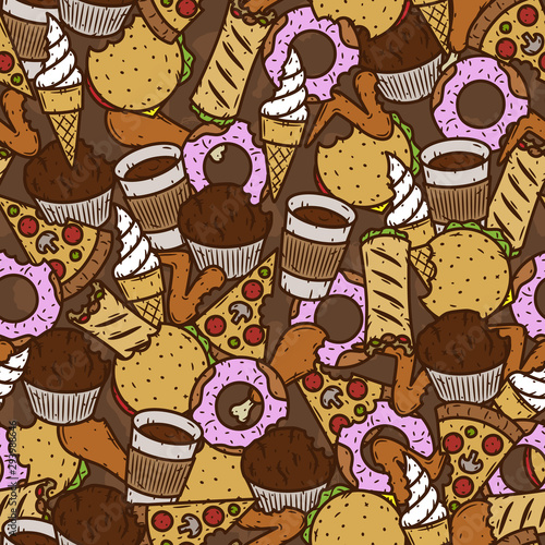 Hand-drawn seamless fast food pattern. Vector illustration.