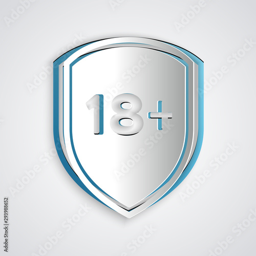 Paper cut Shield with inscription 18 plus icon isolated on grey background. Adults content only. Protection, safety, security, protect concept. Paper art style. Vector Illustration