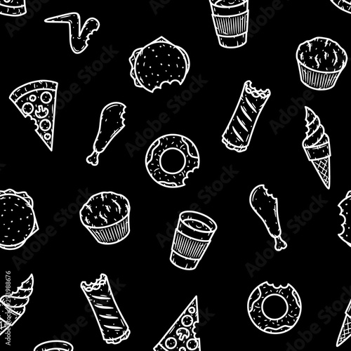 Hand-drawn seamless fast food pattern. Vector illustration.