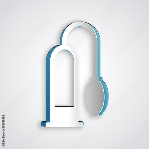 Paper cut Penis pump icon isolated on grey background. Penis enlarger. Sex toy for men. Vacuum pump with a blower to increase the penis. Paper art style. Vector Illustration