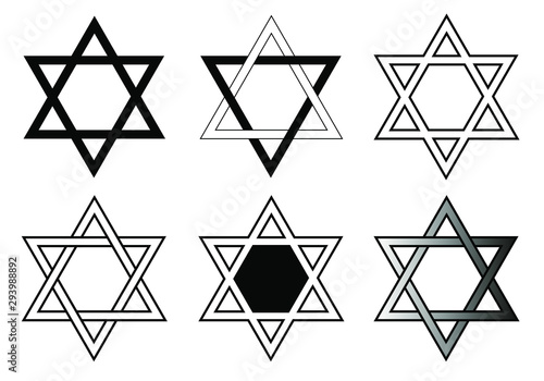 Set of editable black and white Star of David vectors, the religious symbol of Judaism, a six-pointed star.