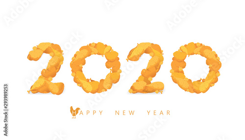 Vector Happy New Year 2020 text design with fried chicken concept isolated on white background.