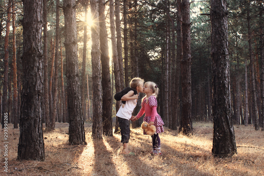 Beautiful little children - a boy and a girl - walk in a beautiful forest at sunset. Beautiful little children - a boy and a girl - walk in a beautiful forest at sunset.