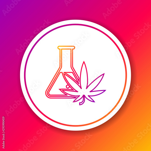 Color line Chemical test tube with marijuana or cannabis leaf icon isolated on color background. Research concept. Laboratory CBD oil concept. Circle white button. Vector Illustration